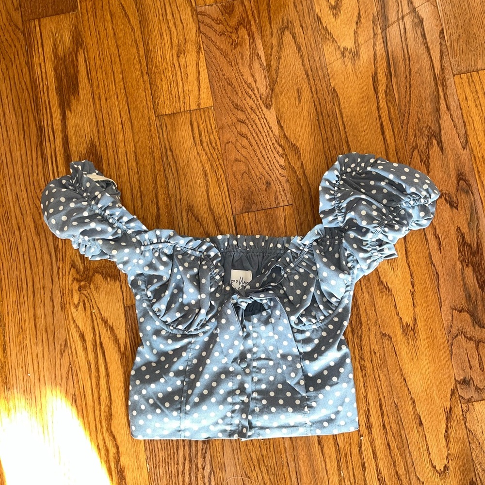 Polka dot button up off the shoulder blouse